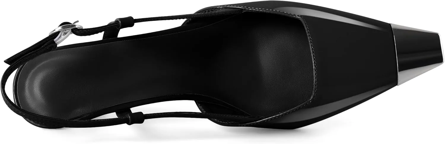 SAMMITOP Slingback Kitten Heels for Women Silver Cap Square Toe Low Stiletto Slip On Pumps with Buckle Strap Dress Work Heeled Sandals Shoes 2.4 Inch