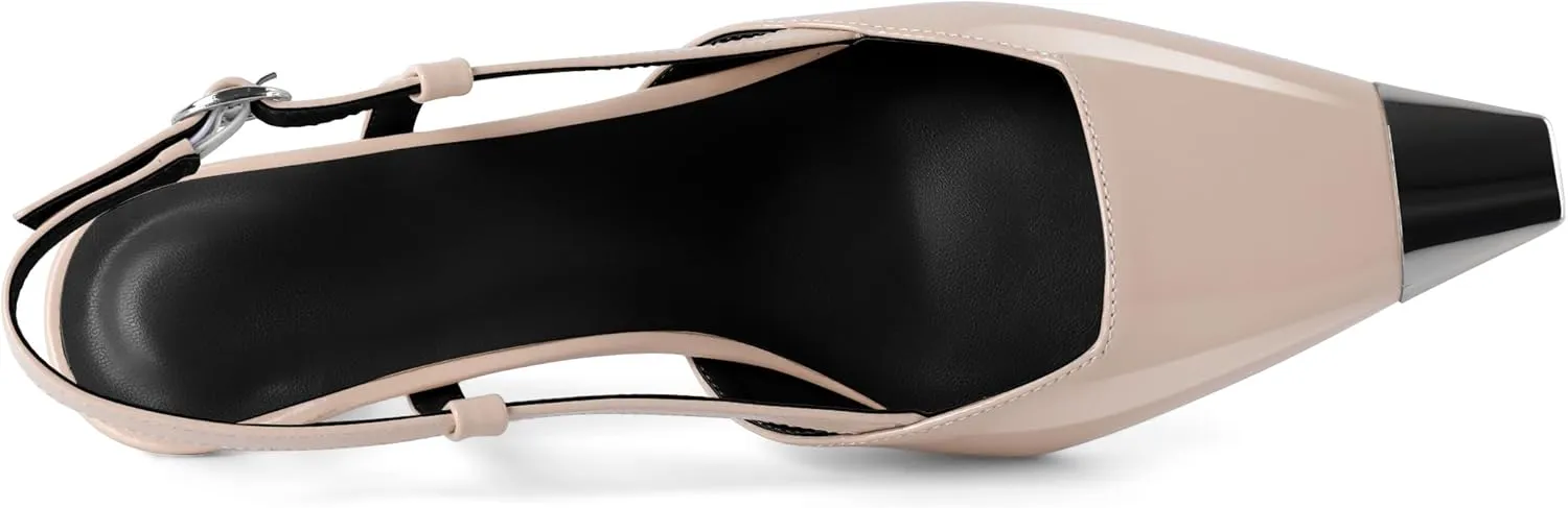 SAMMITOP Slingback Kitten Heels for Women Silver Cap Square Toe Low Stiletto Slip On Pumps with Buckle Strap Dress Work Heeled Sandals Shoes 2.4 Inch