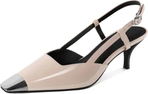 SAMMITOP Slingback Kitten Heels for Women Silver Cap Square Toe Low Stiletto Slip On Pumps with Buckle Strap Dress Work Heeled Sandals Shoes 2.4 Inch