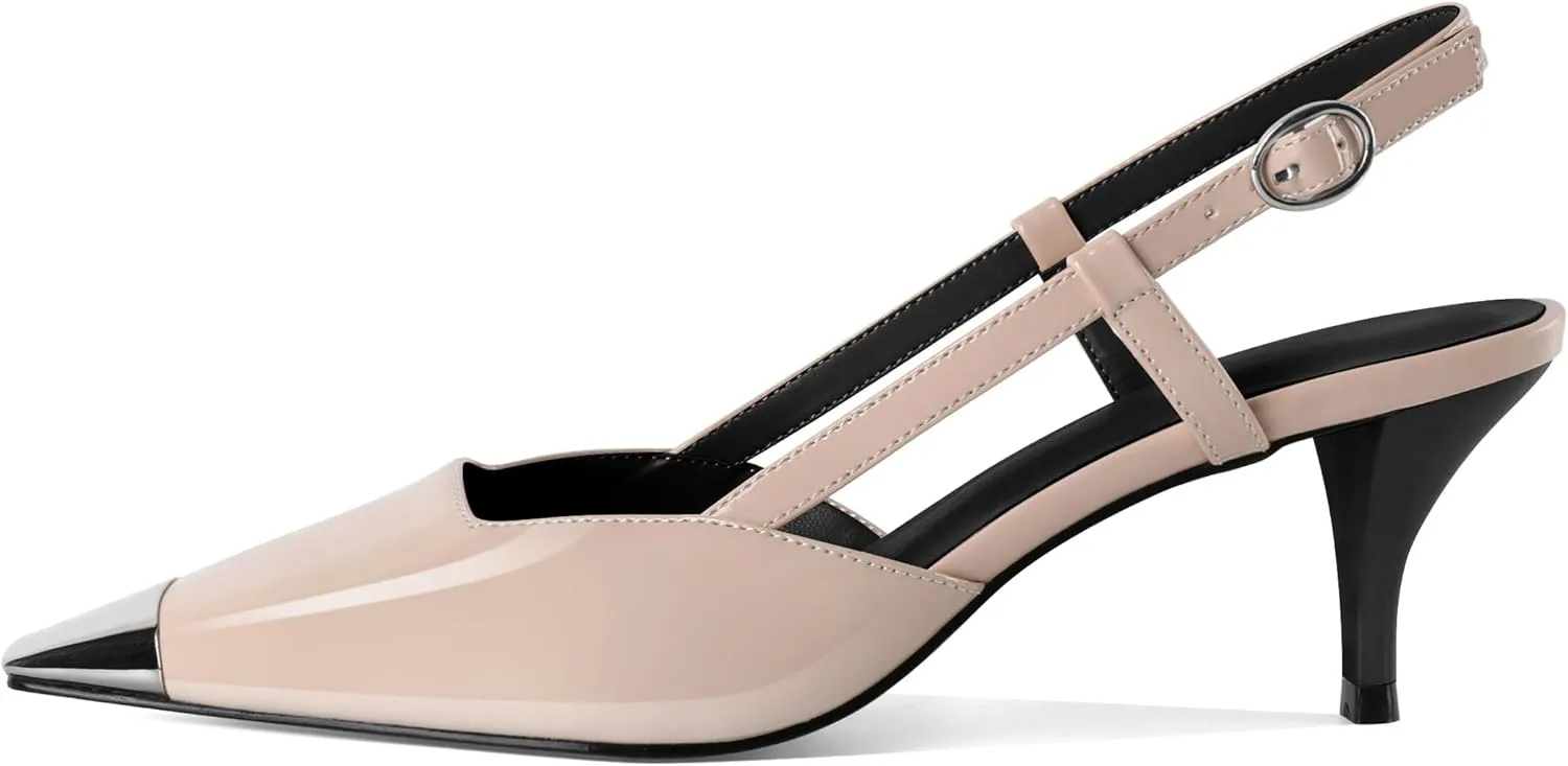 SAMMITOP Slingback Kitten Heels for Women Silver Cap Square Toe Low Stiletto Slip On Pumps with Buckle Strap Dress Work Heeled Sandals Shoes 2.4 Inch