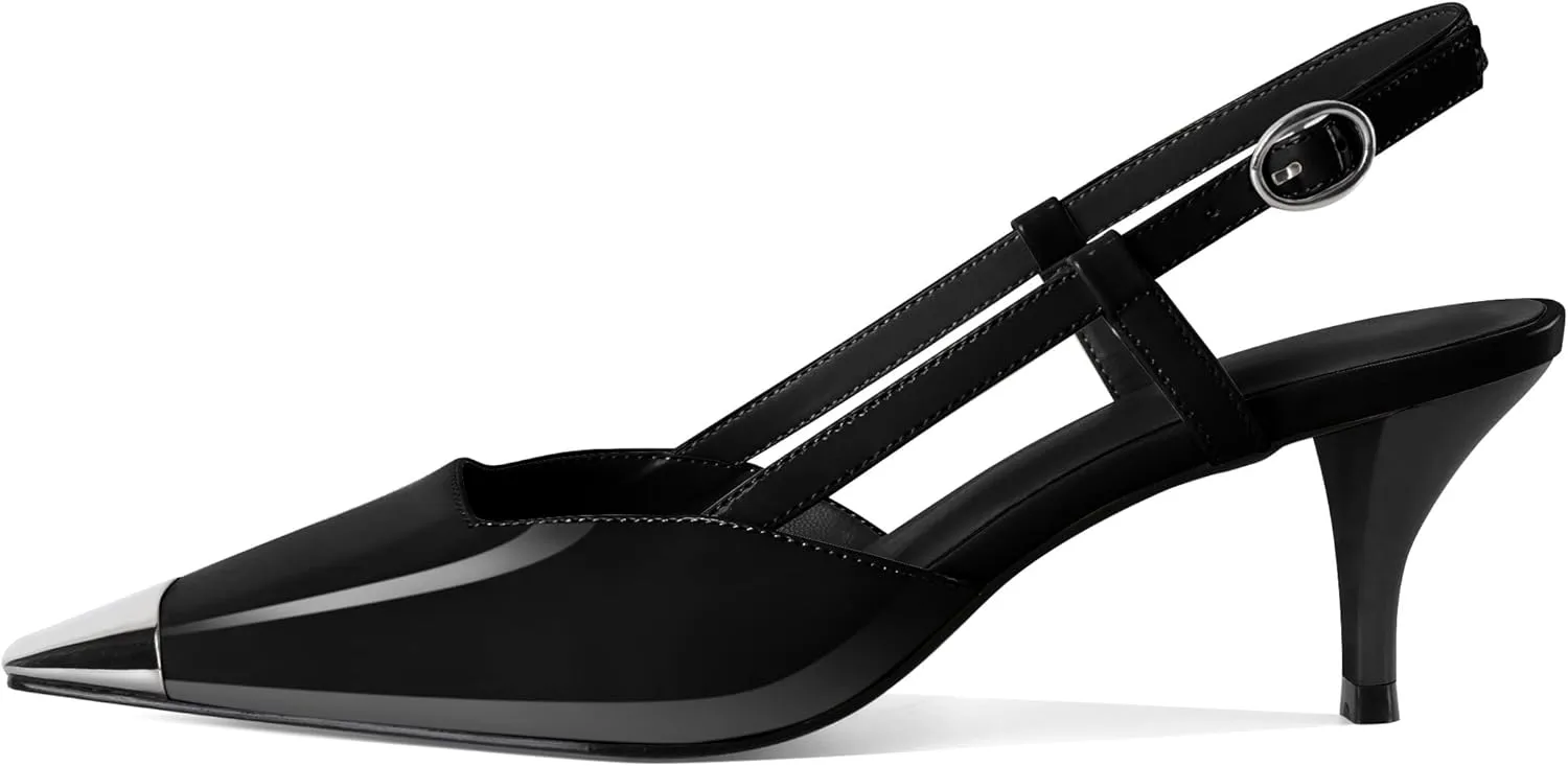 SAMMITOP Slingback Kitten Heels for Women Silver Cap Square Toe Low Stiletto Slip On Pumps with Buckle Strap Dress Work Heeled Sandals Shoes 2.4 Inch