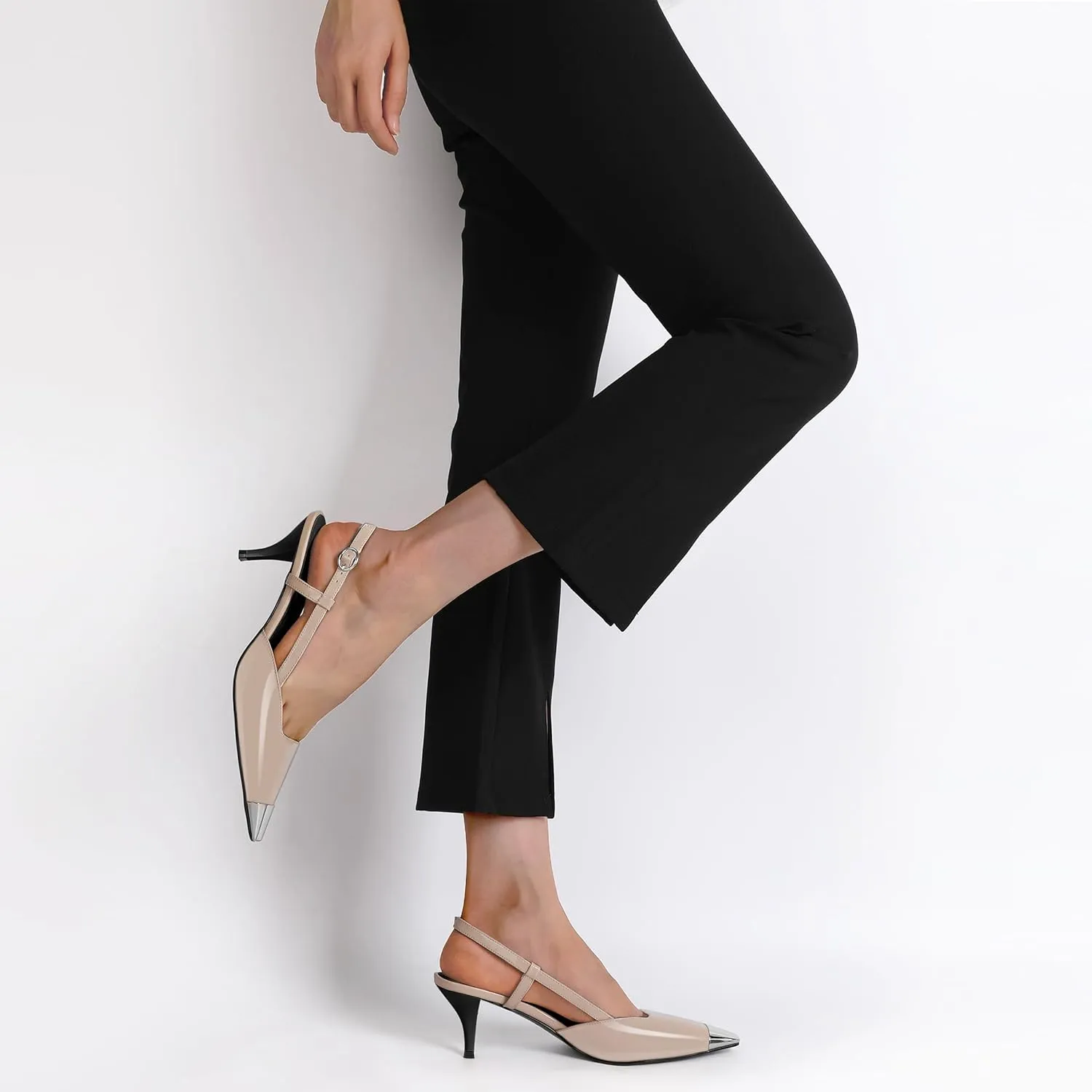 SAMMITOP Slingback Kitten Heels for Women Silver Cap Square Toe Low Stiletto Slip On Pumps with Buckle Strap Dress Work Heeled Sandals Shoes 2.4 Inch