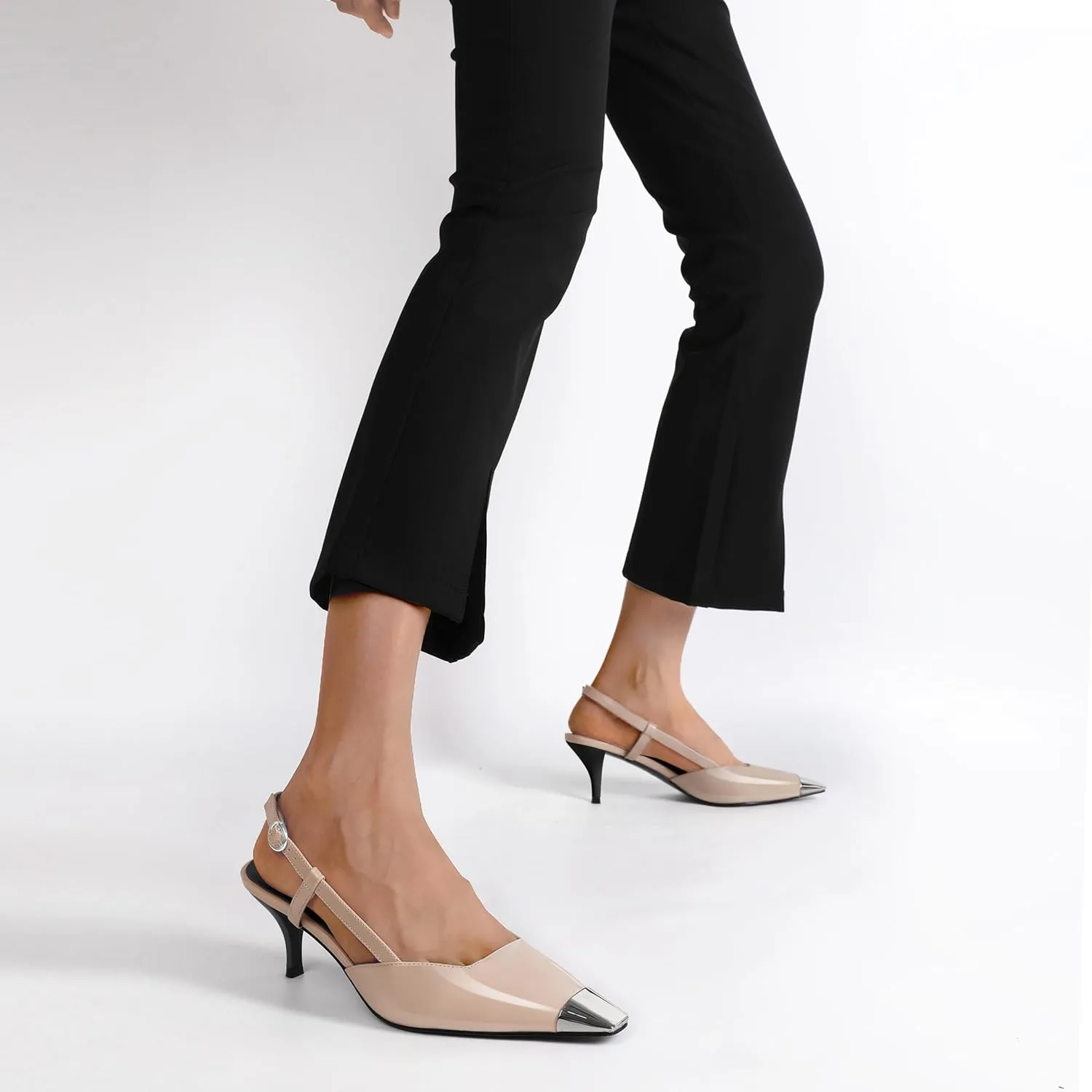 SAMMITOP Slingback Kitten Heels for Women Silver Cap Square Toe Low Stiletto Slip On Pumps with Buckle Strap Dress Work Heeled Sandals Shoes 2.4 Inch