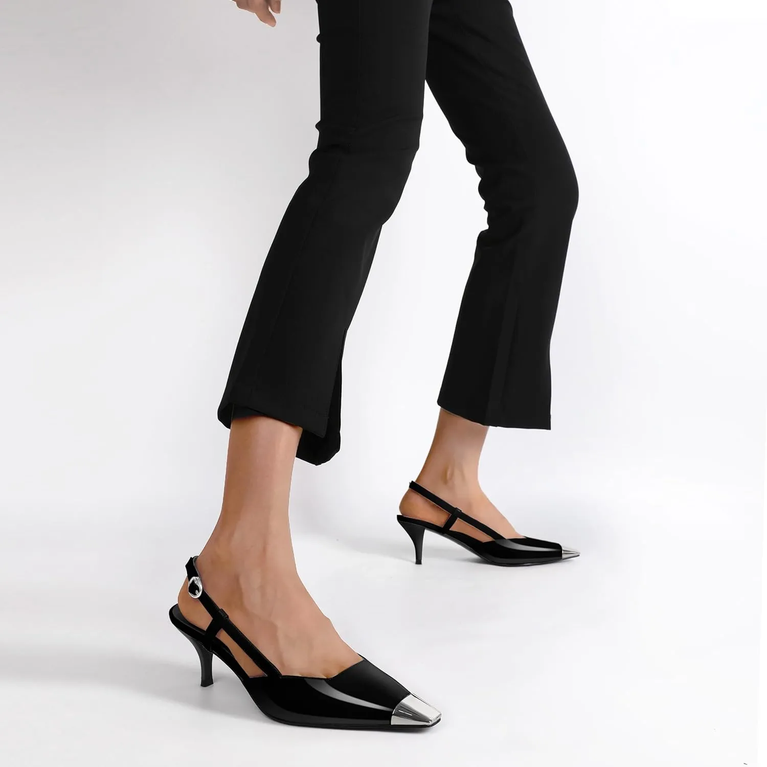 SAMMITOP Slingback Kitten Heels for Women Silver Cap Square Toe Low Stiletto Slip On Pumps with Buckle Strap Dress Work Heeled Sandals Shoes 2.4 Inch