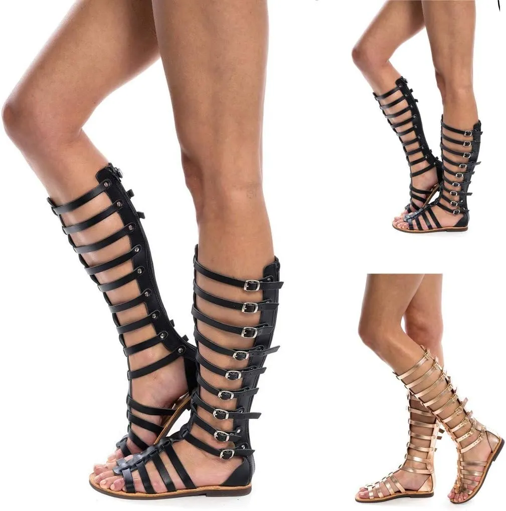 Sandals for Women Dressy,Women Gladiator Sandals Snakeskin Flat Summer Strappy Open Toe Knee High Flat Sandal