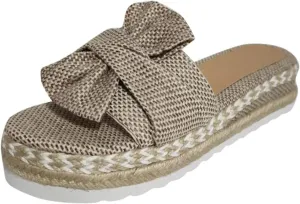 Sandals for Women Flat Wide Glitter Flat Flip-Flops Cork Sole Canvas Summer Cute Knot Bow Ladies Slides Slip-on Comfortable Gladiator Sandals Beach Slippers