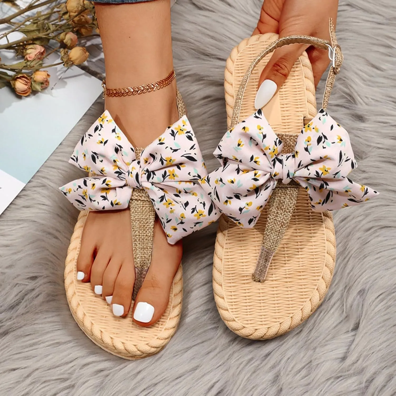Sandals Womens Open Toe Espadrille Sandals Flat Sandals Vacation Beach Bowknot Summer Sandals with Ankle Strap