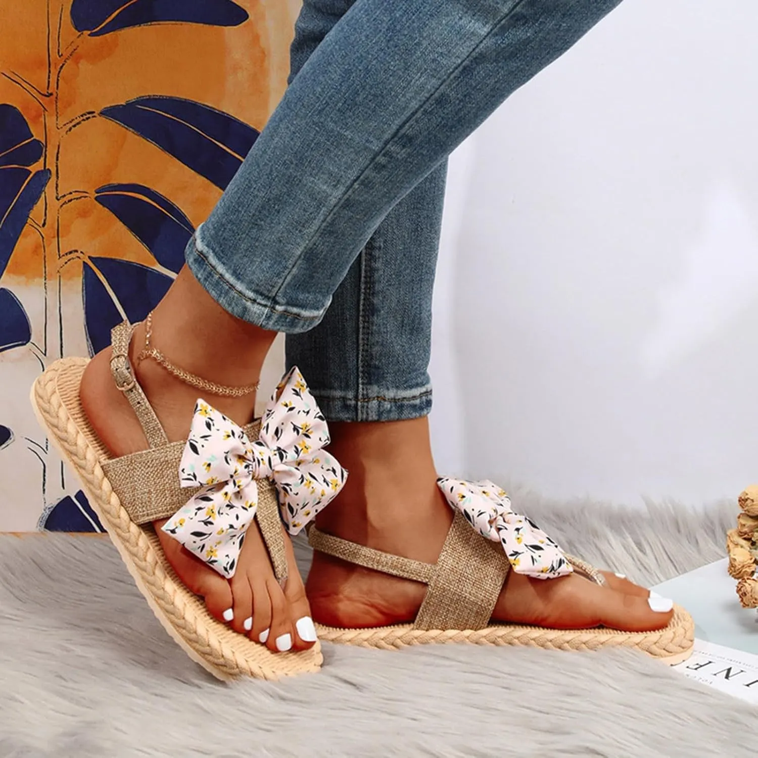 Sandals Womens Open Toe Espadrille Sandals Flat Sandals Vacation Beach Bowknot Summer Sandals with Ankle Strap