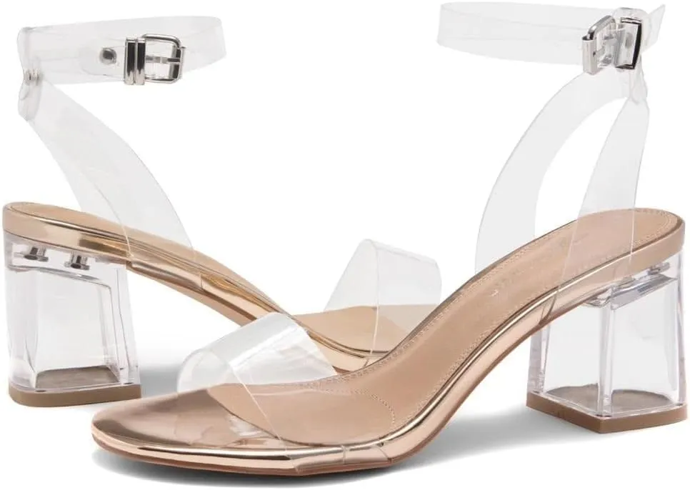 Shoe Land Women's Low Heels  2.75 Inch Chunky Block Heeled Sandals | Clear Sandals, Open Toe Dressy Short Heels with Ankle Strap for Wedding, Prom & Party