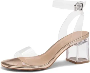 Shoe Land Women's Low Heels  2.75 Inch Chunky Block Heeled Sandals | Clear Sandals, Open Toe Dressy Short Heels with Ankle Strap for Wedding, Prom & Party
