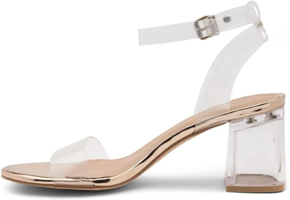Shoe Land Women's Low Heels  2.75 Inch Chunky Block Heeled Sandals | Clear Sandals, Open Toe Dressy Short Heels with Ankle Strap for Wedding, Prom & Party