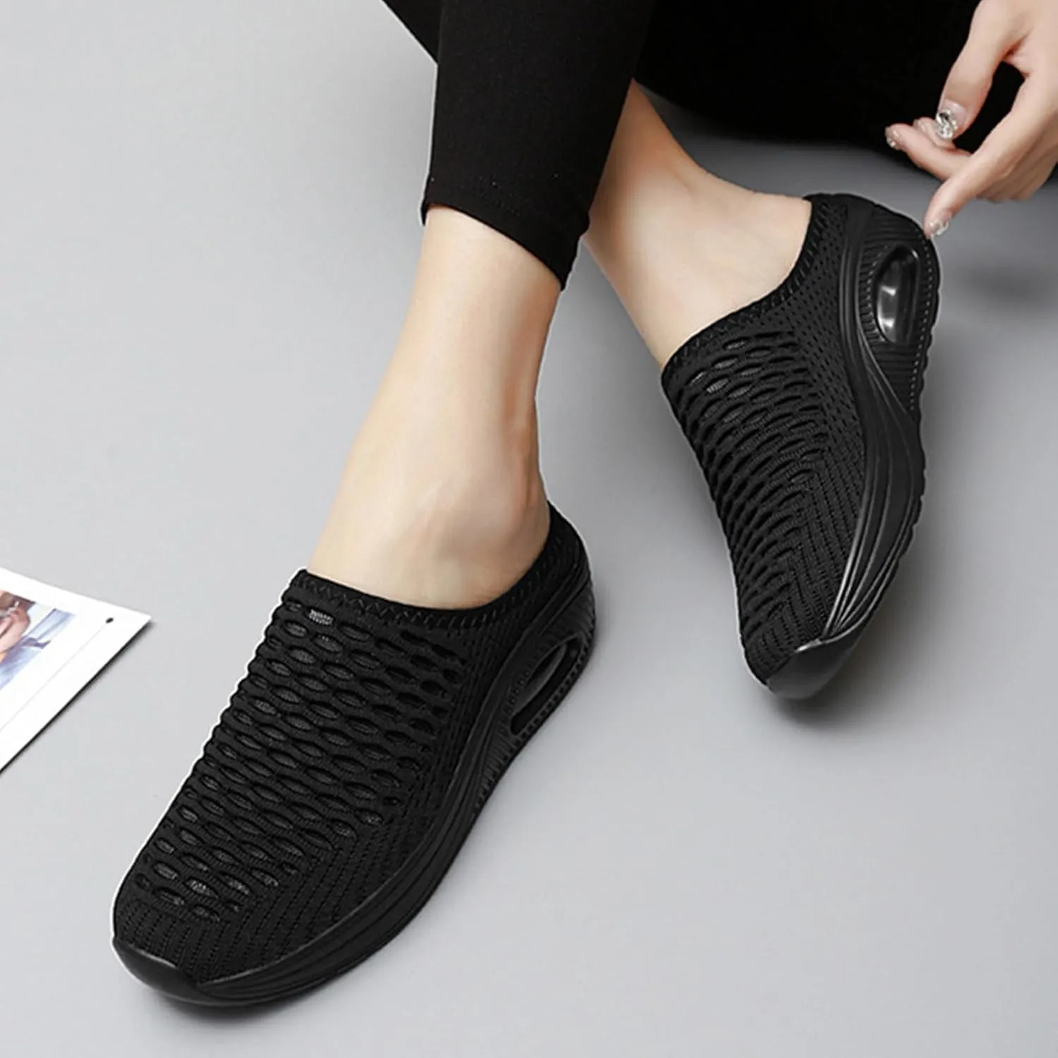 Slip On Mules for Womens Backless Walking Sneakers Breathable Mesh Walking Sandals Slippers Closed Toe Slides Mesh Air Cushion Orthopedic Diabetic Shoes Arch Support Comfy Slippers Slide Sandals