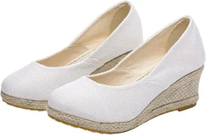 Smoneyful Womens Canvas Sandals Espadrille Wedges Closed Toe Wide Width Kamilla Low Chunky Rounded Toe Working Handmade Cotton Canvas Casual Party Sandal Pumps