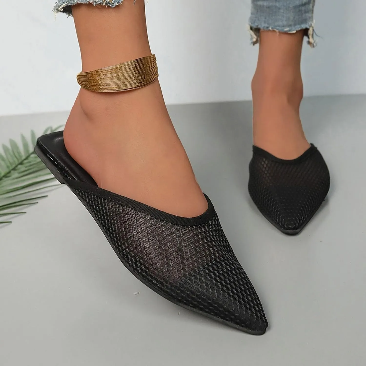 SuanlaTDS Women's Flat Sandals Dressy Closed Pointed Toe Slingback Low Heel Slip On Backless Mules Clogs Summer Comfortable Breathable Mesh Loafers Sexy Business Casual Outdoor Party Sandal