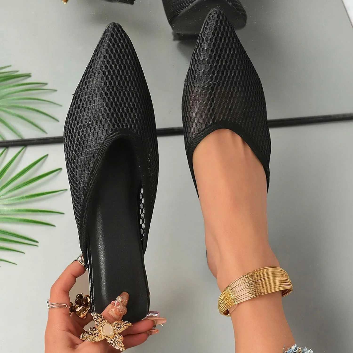 SuanlaTDS Women's Flat Sandals Dressy Closed Pointed Toe Slingback Low Heel Slip On Backless Mules Clogs Summer Comfortable Breathable Mesh Loafers Sexy Business Casual Outdoor Party Sandal
