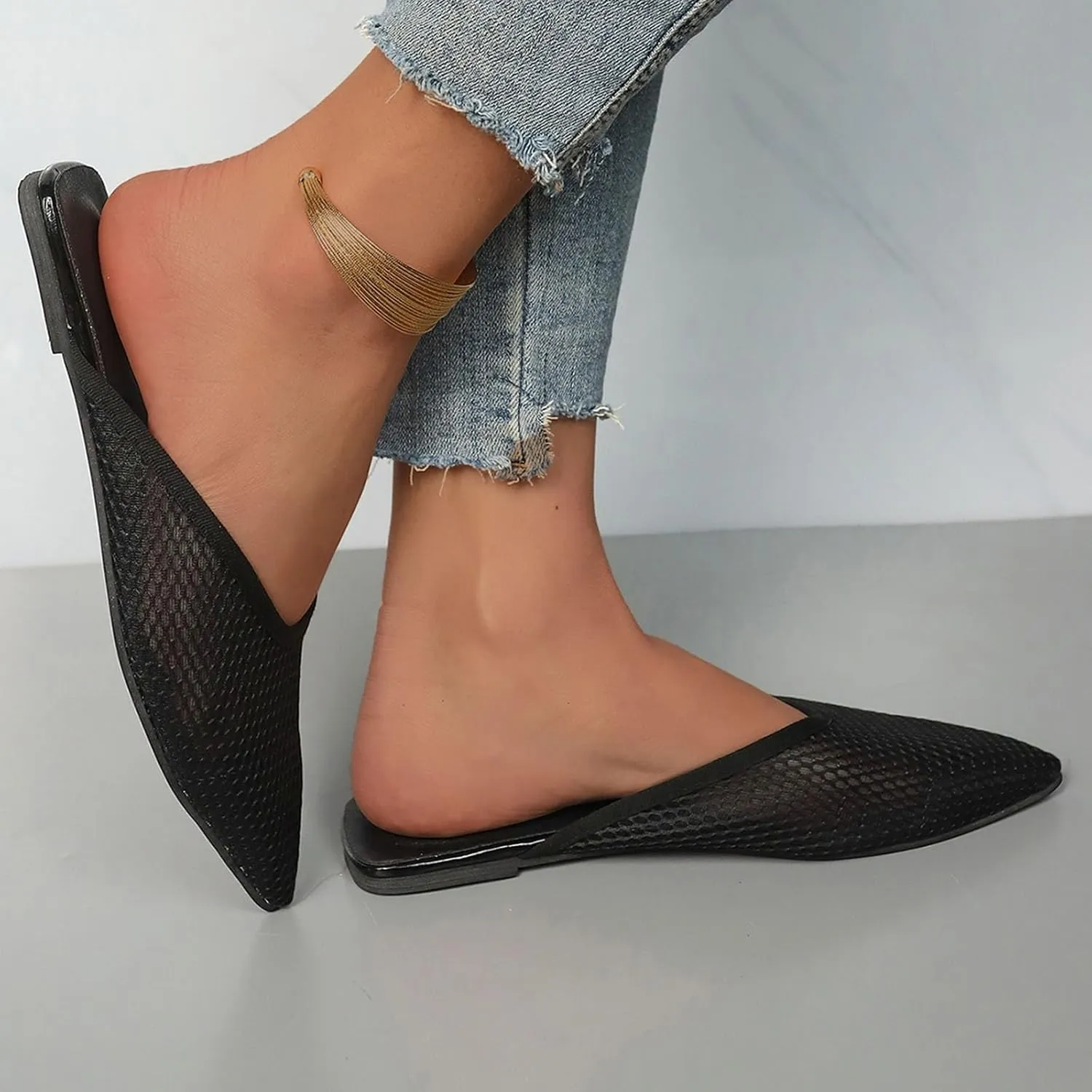 SuanlaTDS Women's Flat Sandals Dressy Closed Pointed Toe Slingback Low Heel Slip On Backless Mules Clogs Summer Comfortable Breathable Mesh Loafers Sexy Business Casual Outdoor Party Sandal