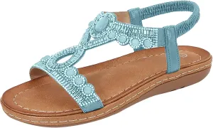 SuanlaTDS Womens Flat Sandals Dressy Rhinestone T-strap Open Toe Low Wedges Heel Elastic Ankle Strap Slip-on Slides 2025 Summer Thick Sole Boho Beach Shoes Party Wedding Bride Flats Sandal