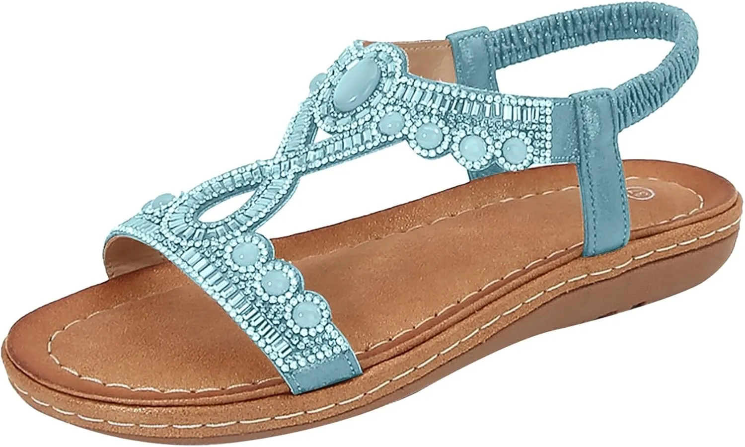 SuanlaTDS Womens Flat Sandals Dressy Rhinestone T-strap Open Toe Low Wedges Heel Elastic Ankle Strap Slip-on Slides 2025 Summer Thick Sole Boho Beach Shoes Party Wedding Bride Flats Sandal