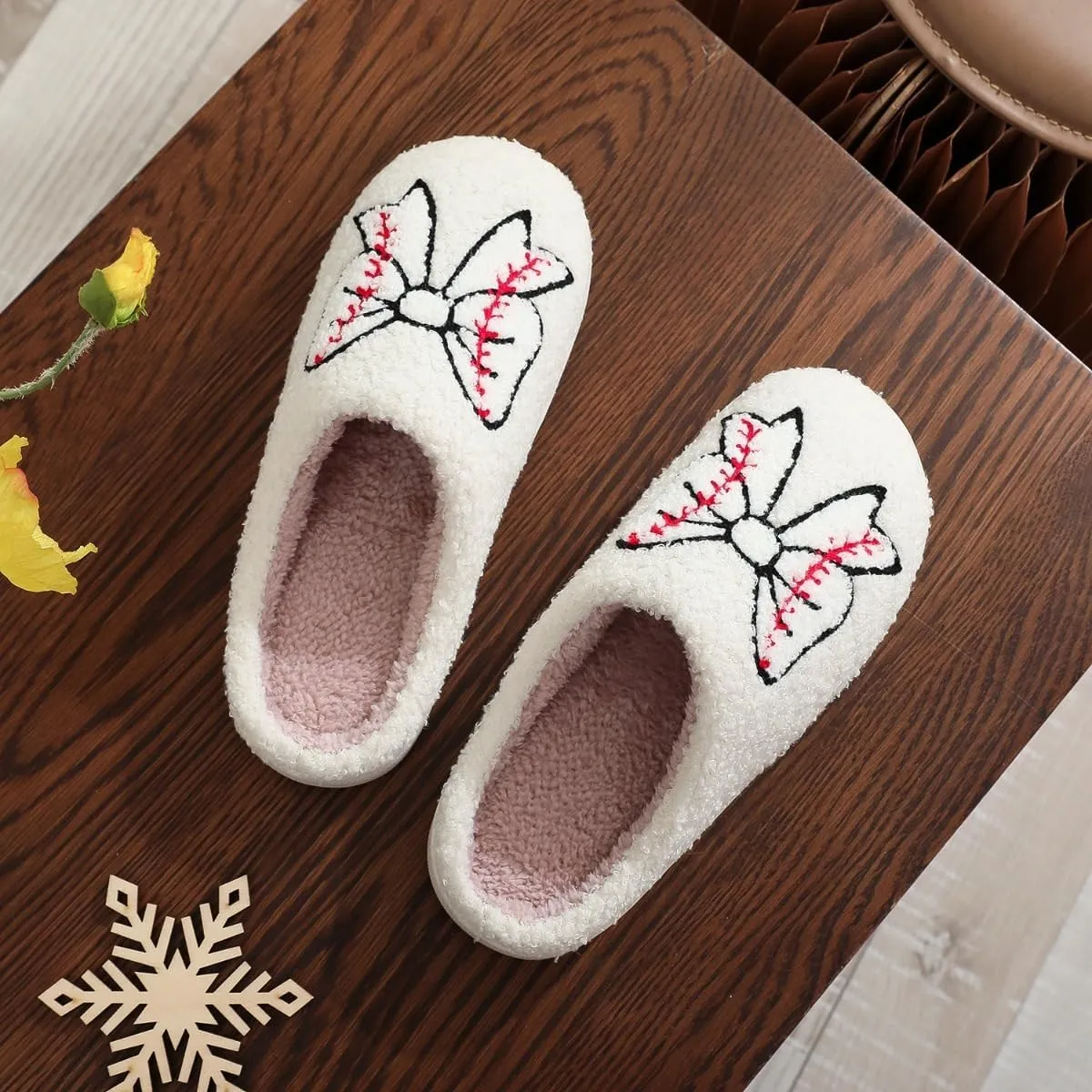 Valentines Bow Slippers for Women Cute Funny House Slides Fun Furry Plush Cozy Shoes Winter