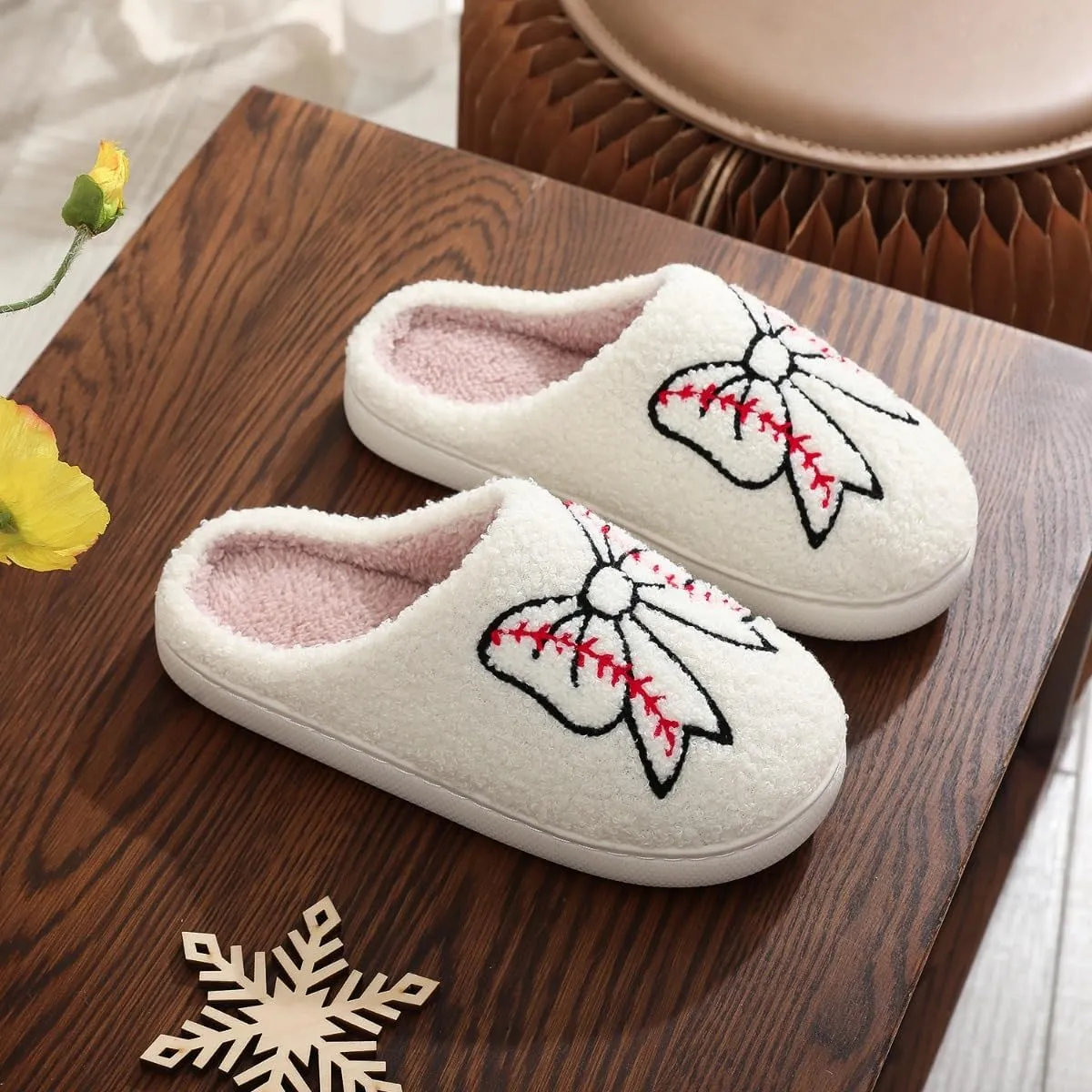 Valentines Bow Slippers for Women Cute Funny House Slides Fun Furry Plush Cozy Shoes Winter
