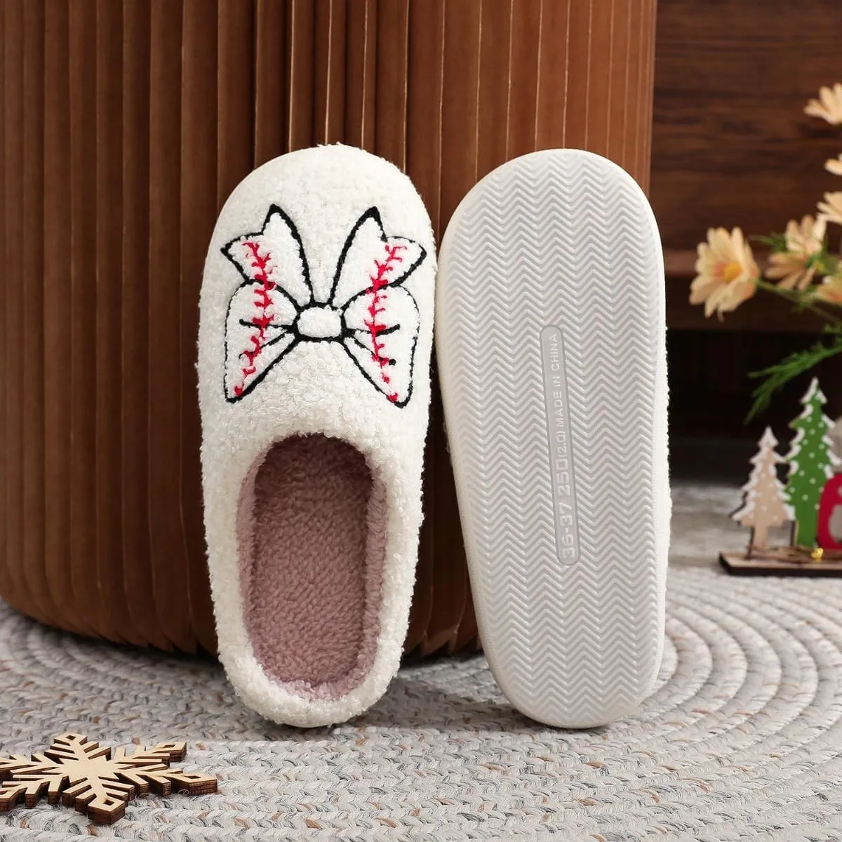 Valentines Bow Slippers for Women Cute Funny House Slides Fun Furry Plush Cozy Shoes Winter