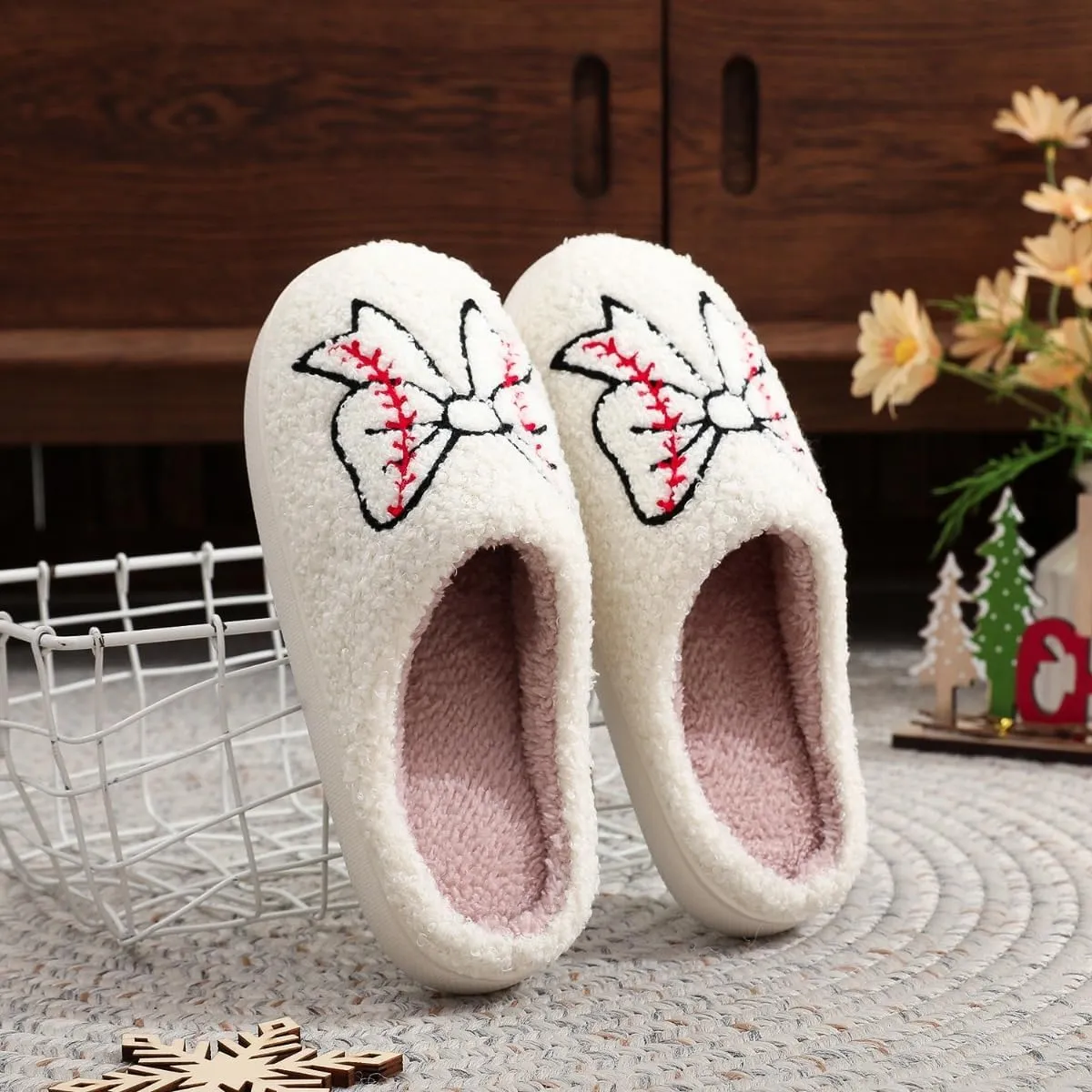 Valentines Bow Slippers for Women Cute Funny House Slides Fun Furry Plush Cozy Shoes Winter