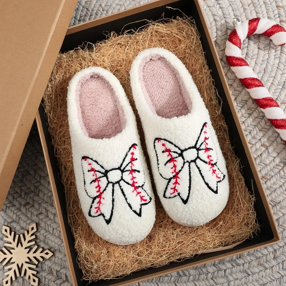 Valentines Bow Slippers for Women Cute Funny House Slides Fun Furry Plush Cozy Shoes Winter