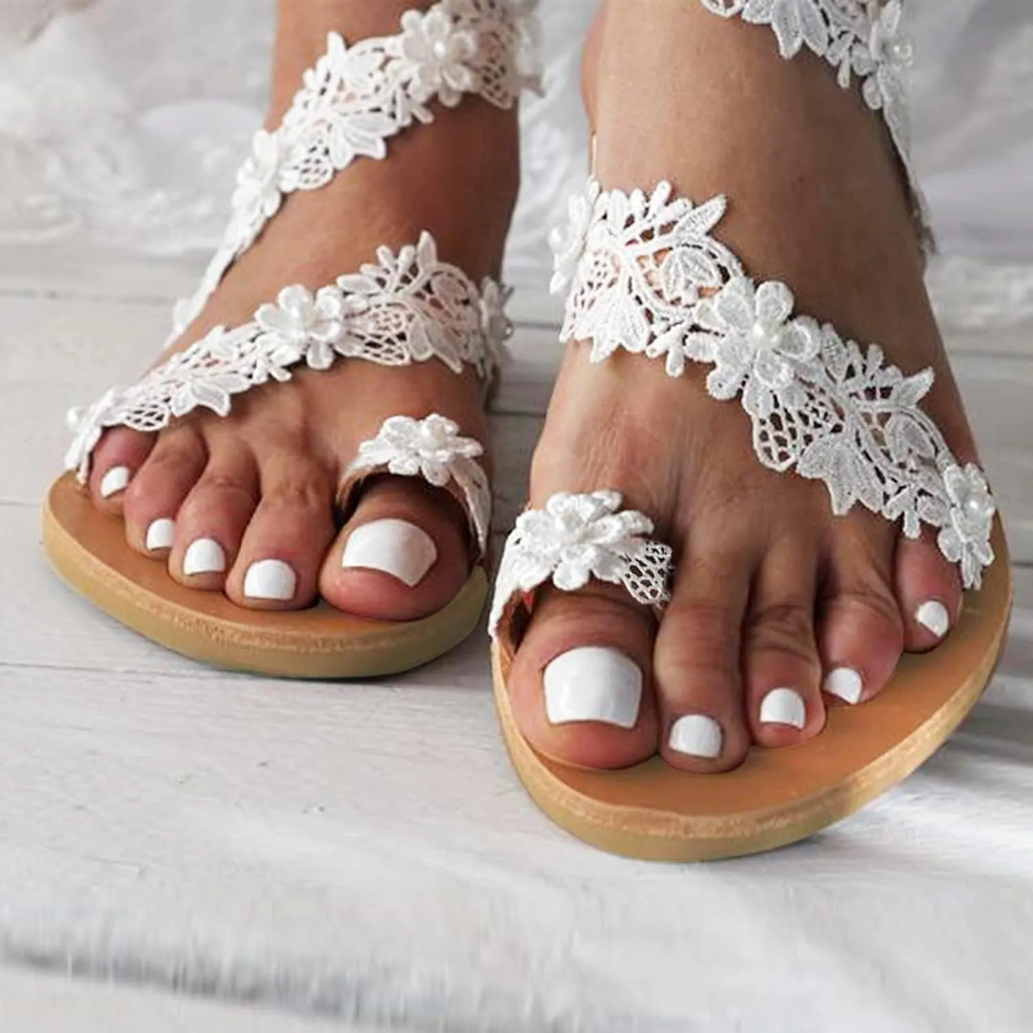 Women Lace Floral Flat Sandals Clip Toe Sandals Bohemian Shoes Open Toe Slip On Sandals (White, 9)