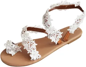 Women Lace Floral Flat Sandals Clip Toe Sandals Bohemian Shoes Open Toe Slip On Sandals (White, 9)