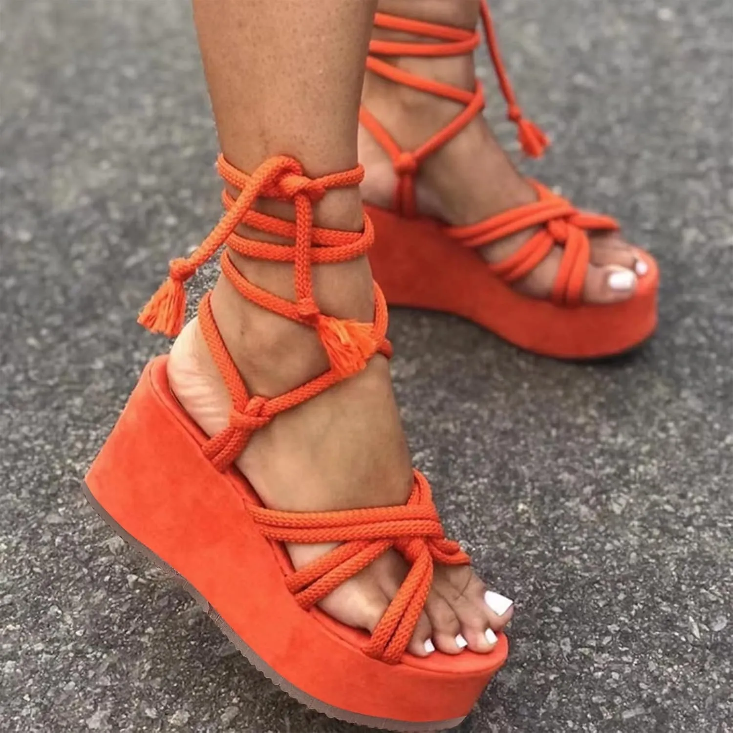 Women Platform Sandals Lace-up Wedge Sandals Casual Open Toe Shoes Summer Strappy Sandals (Orange, 9.5-10)