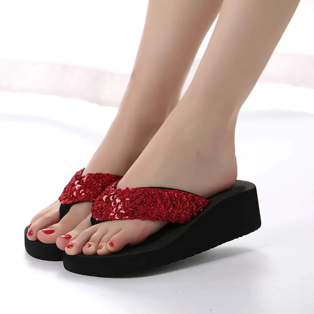 Women Sequin Wedge Flip Flops Summer Beach Slipper Slip On Sandals Casual Open Toe Slides (Red, 7.5)