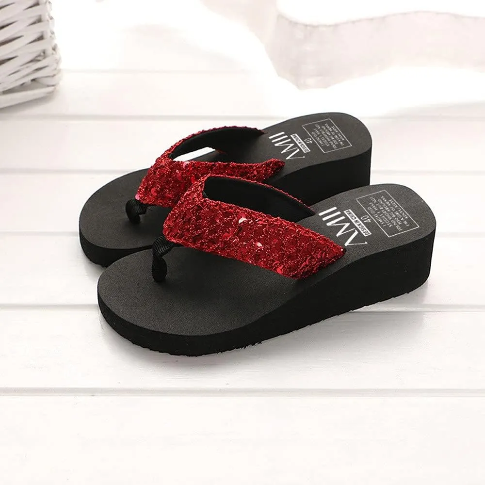 Women Sequin Wedge Flip Flops Summer Beach Slipper Slip On Sandals Casual Open Toe Slides (Red, 7.5)