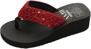 Women Sequin Wedge Flip Flops Summer Beach Slipper Slip On Sandals Casual Open Toe Slides (Red, 7.5)