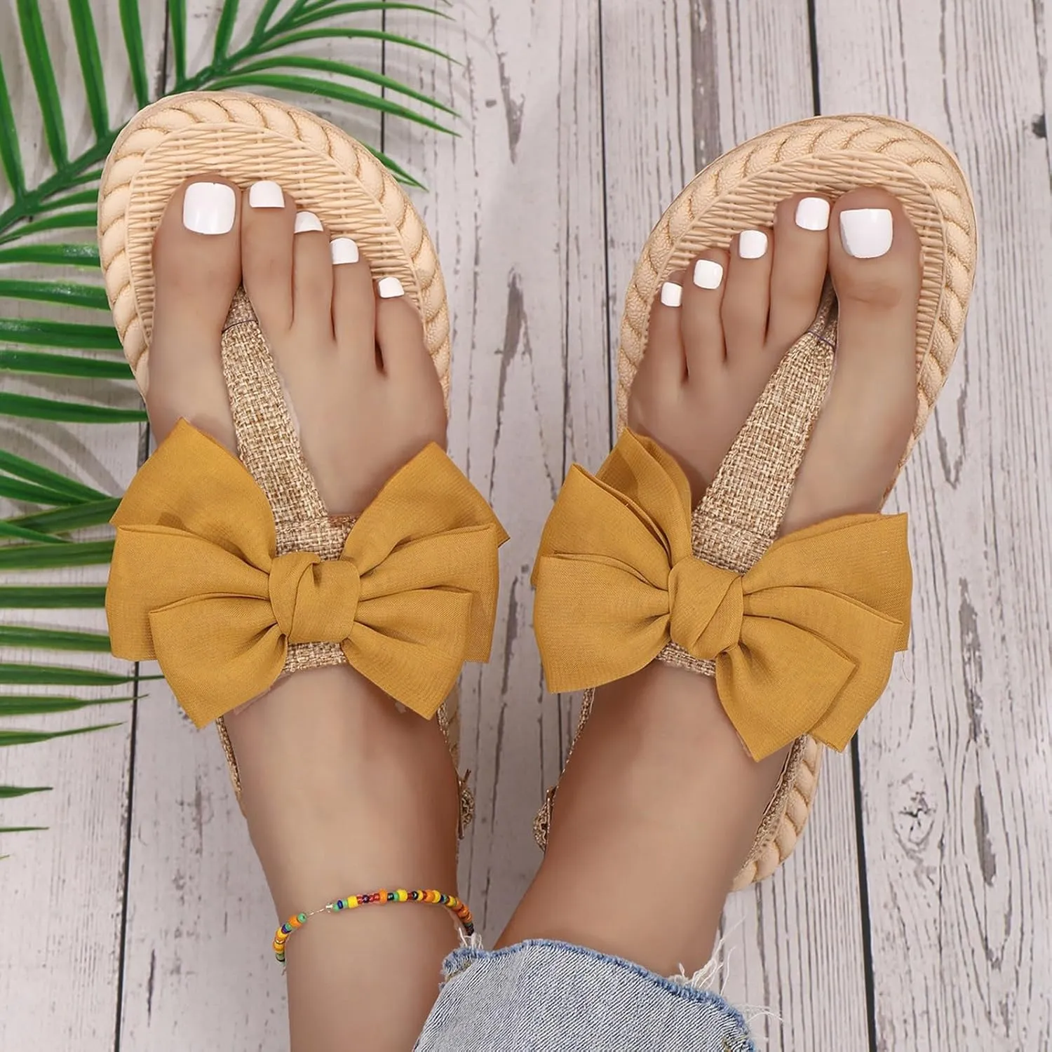 Women's Bow Flat Flip Flops 2025 Summer Trendy Open Toe Boho Casual Slip On Slide Sandals Comfortable Lightweight Dressy Beach Summer Backless Mules Slide Walking Shoes for Daily Wear