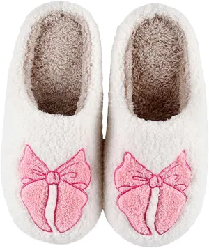 Women's Bow Tie Slippers Bedroom Warm Plush Soft Comfy House Shoes