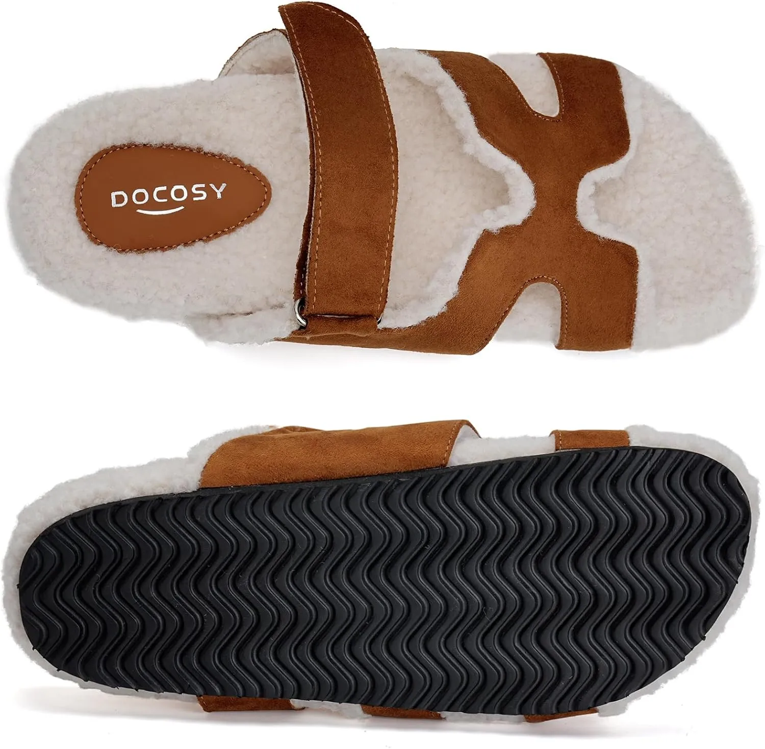 Womens Fuzzy H-Band Slippers Faux Shearling Open Toe Slide Sandal Adjustable House Shoes Wide Width