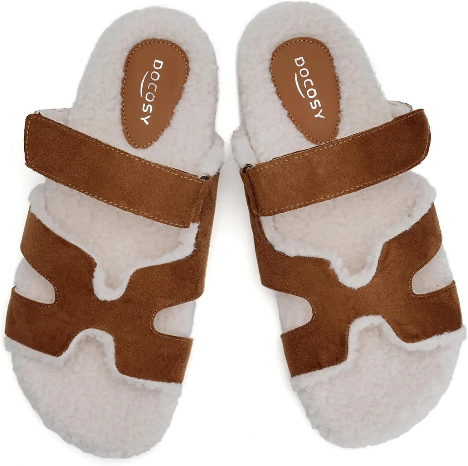Womens Fuzzy H-Band Slippers Faux Shearling Open Toe Slide Sandal Adjustable House Shoes Wide Width