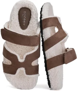 Womens Fuzzy H-Band Slippers Faux Shearling Open Toe Slide Sandal Adjustable House Shoes Wide Width