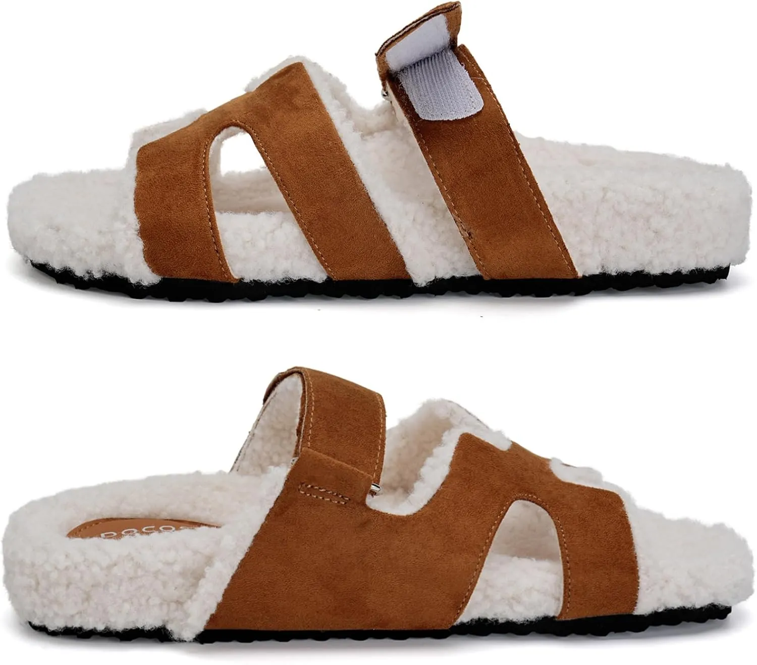 Womens Fuzzy H-Band Slippers Faux Shearling Open Toe Slide Sandal Adjustable House Shoes Wide Width