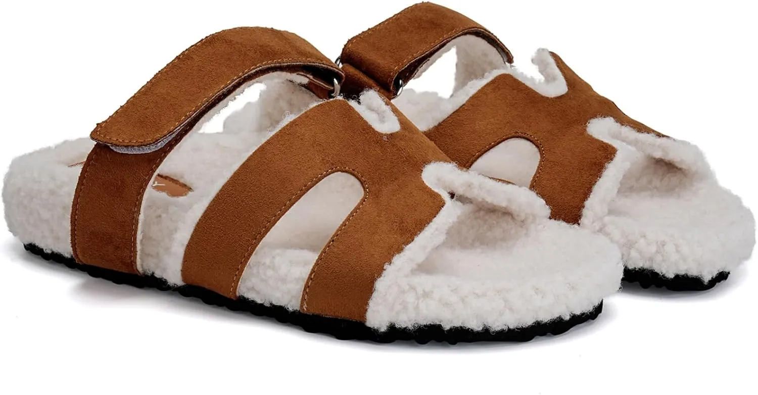 Womens Fuzzy H-Band Slippers Faux Shearling Open Toe Slide Sandal Adjustable House Shoes Wide Width
