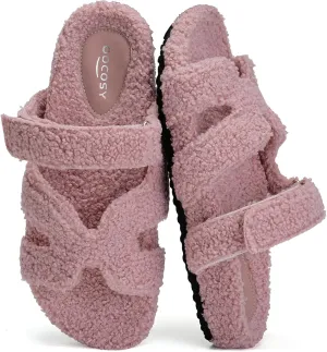 Womens Fuzzy H-Band Slippers Faux Shearling Open Toe Slide Sandal Adjustable House Shoes Wide Width