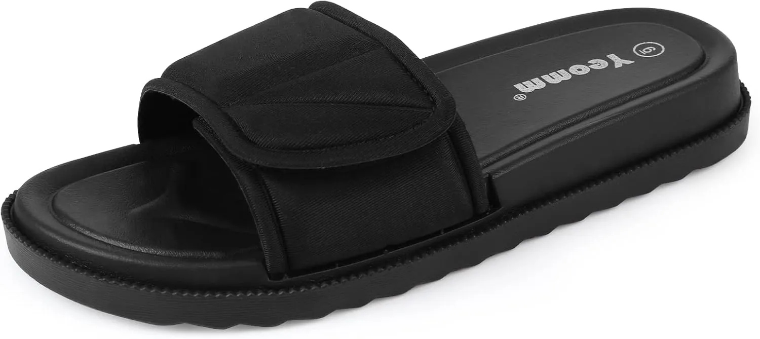 Women's Slide Sandals, Soccer Slide Sandals For Women With Memory Foam Upper   Hook & Loop Adjustable Strap