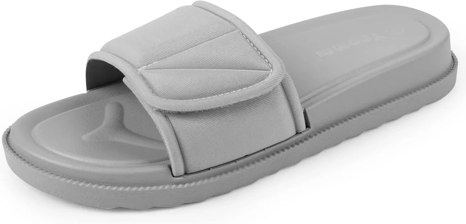 Women's Slide Sandals, Soccer Slide Sandals For Women With Memory Foam Upper   Hook & Loop Adjustable Strap
