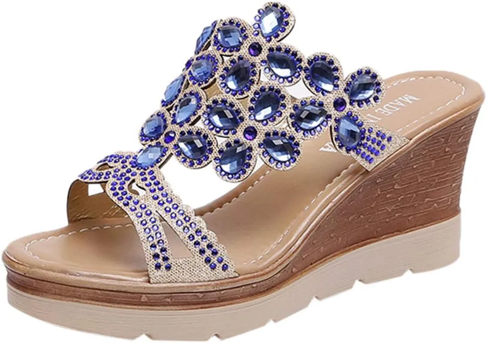 Women's Summer Beach Wedge Slides Sandals Womens Casual Slip on Summer Wedge Sandal Orthopedic Hiking Sandals(Blue, 35-40)