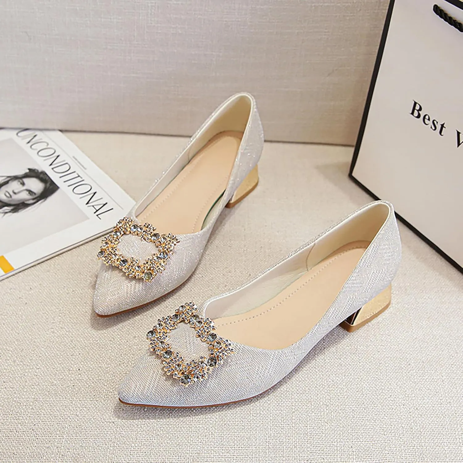 YIBLBOX Women's Low Block Chunky Heels Rhinestone Pointed Toe Closed Toe Work Pumps Slip on Comfort Dress Shoes