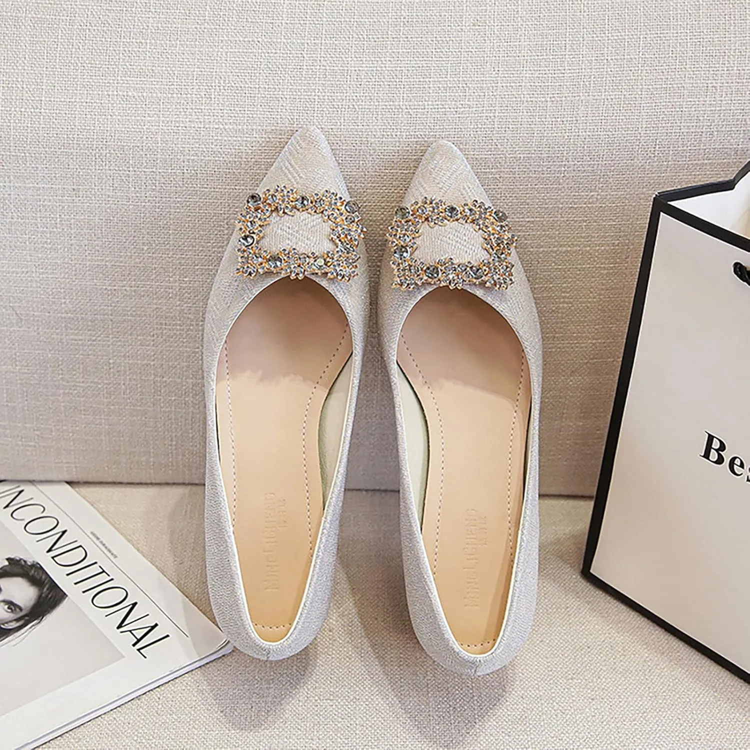 YIBLBOX Women's Low Block Chunky Heels Rhinestone Pointed Toe Closed Toe Work Pumps Slip on Comfort Dress Shoes