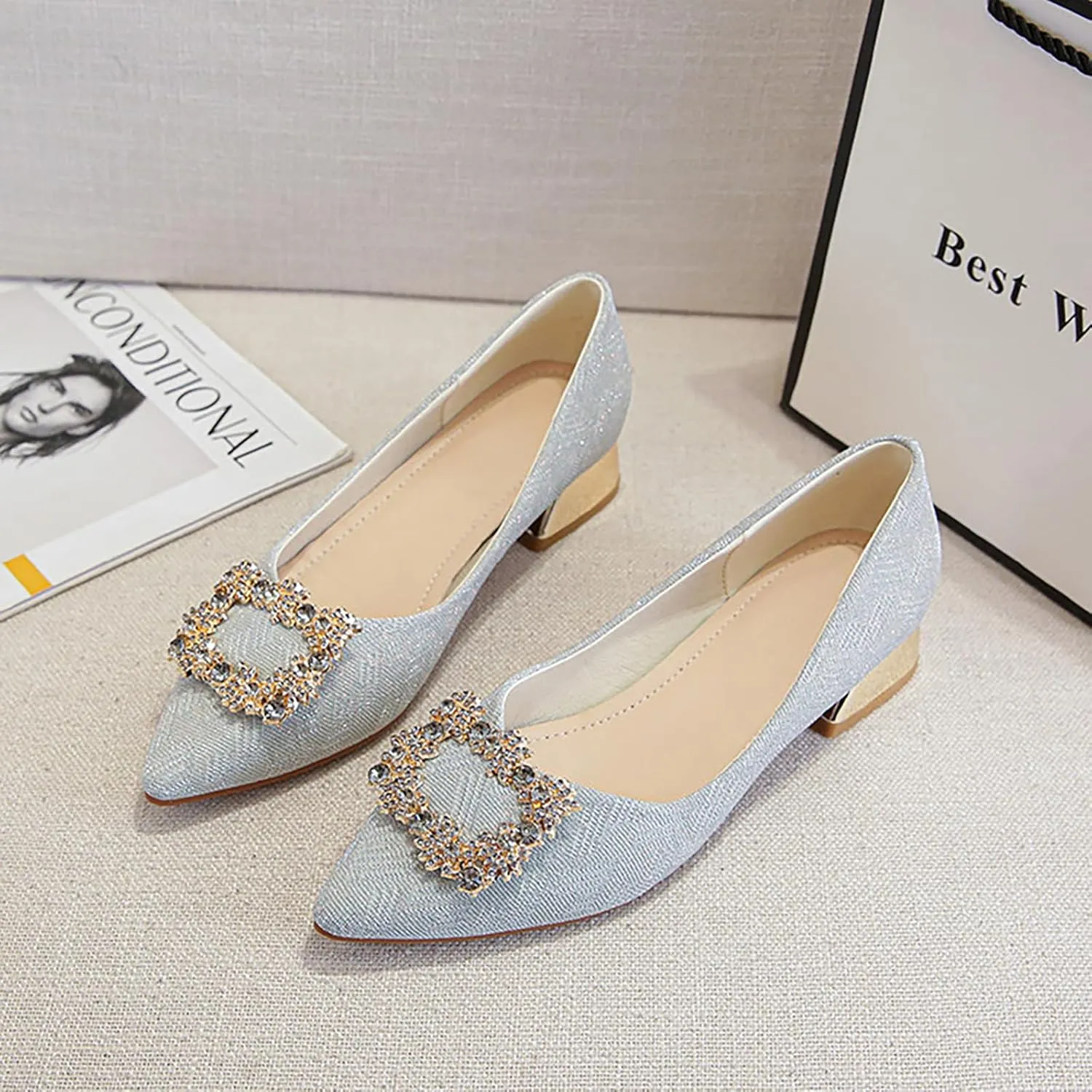 YIBLBOX Women's Low Block Chunky Heels Rhinestone Pointed Toe Closed Toe Work Pumps Slip on Comfort Dress Shoes