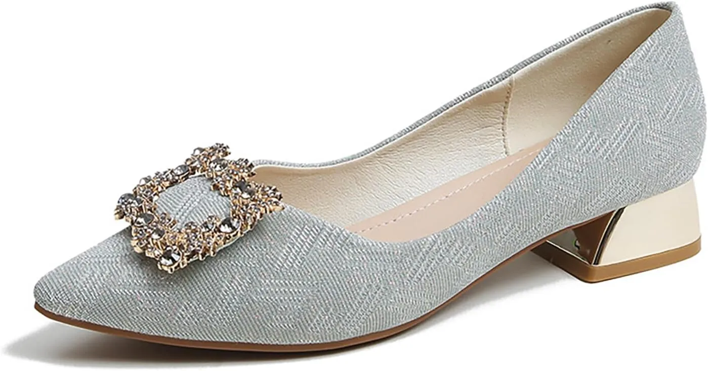 YIBLBOX Women's Low Block Chunky Heels Rhinestone Pointed Toe Closed Toe Work Pumps Slip on Comfort Dress Shoes