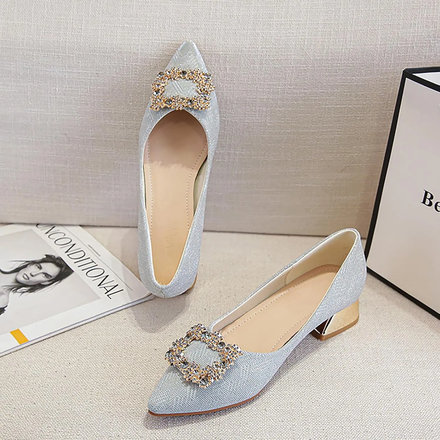 YIBLBOX Women's Low Block Chunky Heels Rhinestone Pointed Toe Closed Toe Work Pumps Slip on Comfort Dress Shoes