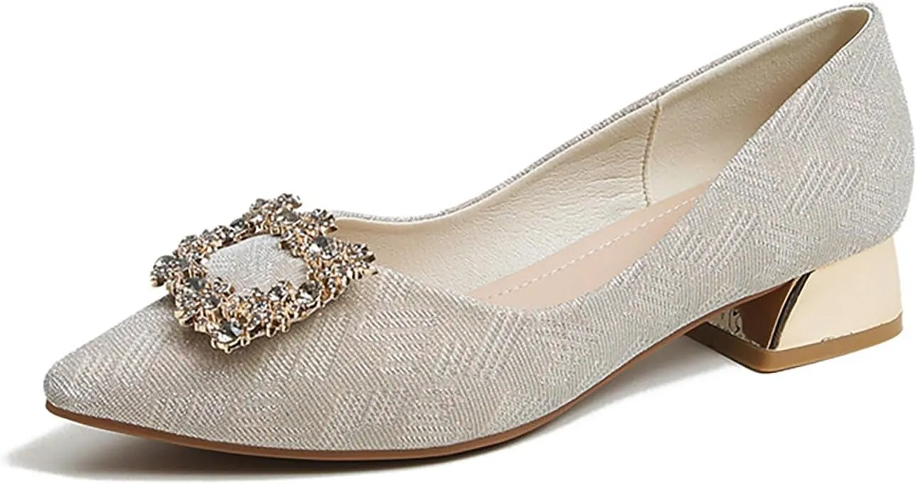 YIBLBOX Women's Low Block Chunky Heels Rhinestone Pointed Toe Closed Toe Work Pumps Slip on Comfort Dress Shoes